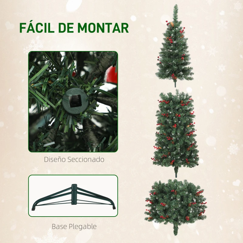 HOMCOM Árbol de Navidad Estrecho 210 cm con Luces LED 8 Modos de Iluminación Ramas con Purpurina Plateada Piñas Bayas Verde