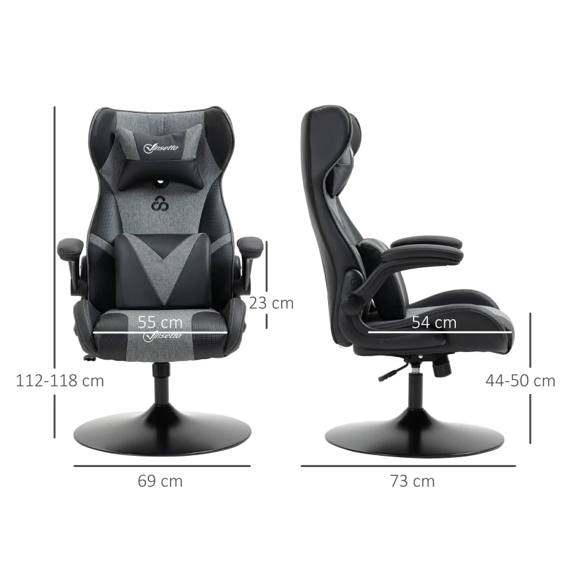 Vinsetto Gamingstoel, hoogteverstelbaar & draaibaar, Kunstlederen bekleding, opklapbare armleuningen, Zwart+Grijs(m-3)
