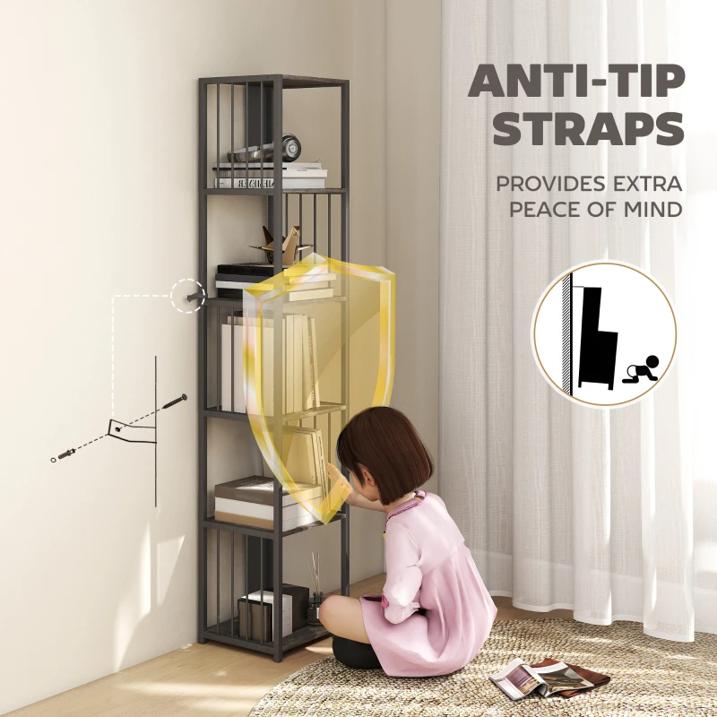 HOMCOM 5-Tier Bookshelf with Steel Frame - Grey