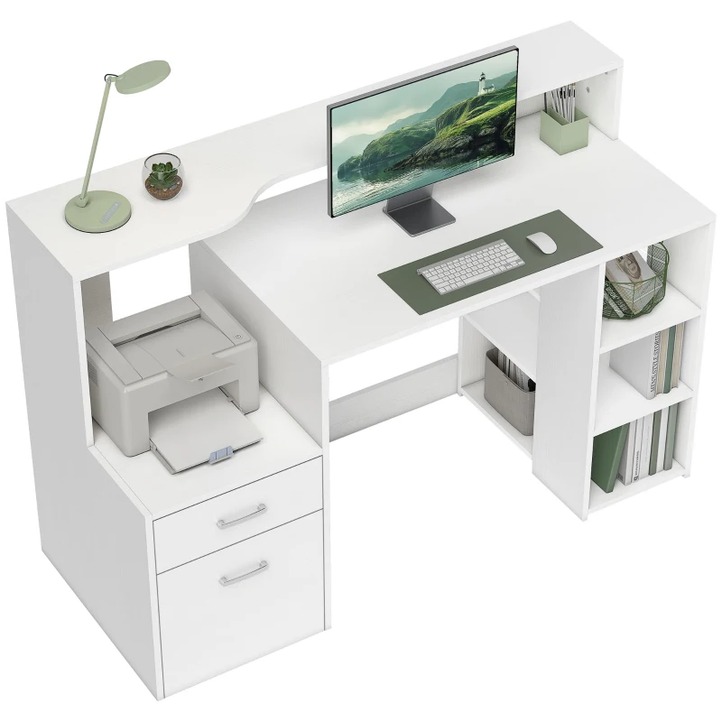 HOMCOM Bureau informatique, bureau avec rangement, 2 tiroirs, étagères ouvertes et tablette d'imprimante, 137x55x92cm, blanc