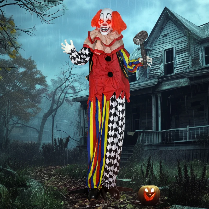 Outsunny Grusel-Clown, Halloween-Animatronik, 173 cm, leuchtende Augen, Geräusch-Aktivierung, bewegliche Arme und Kopf, Batteriebetrieb, Kunststoff, Metall, Rot(m-8)