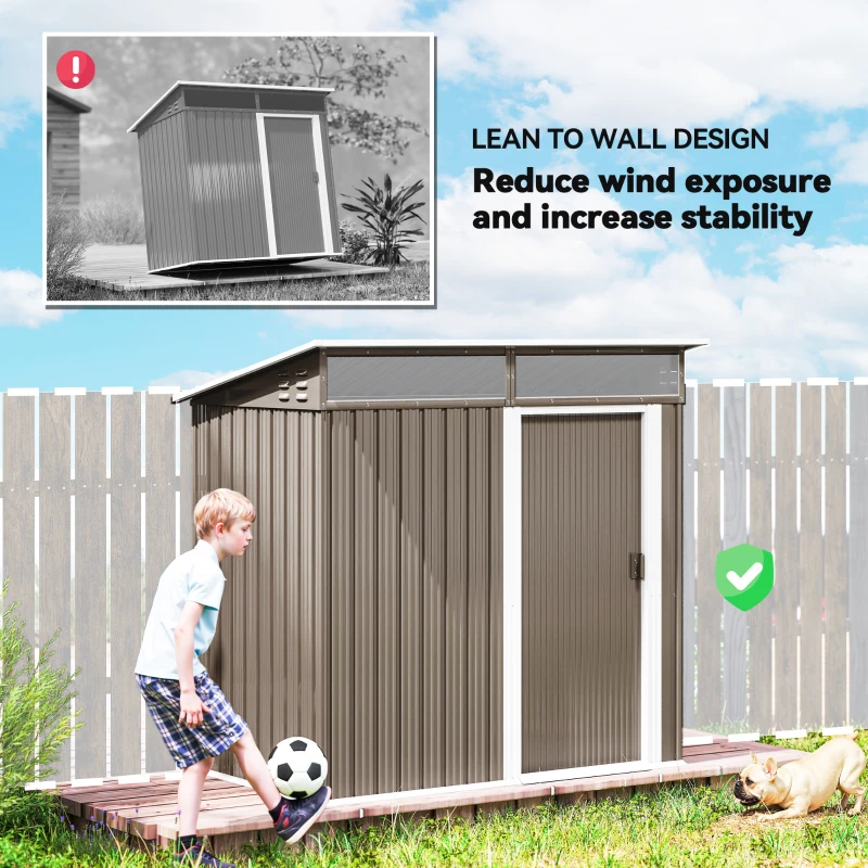 Outsunny Abrigo de Jardim 1,9m² 195x122x182 cm com Base Reforçada (Chão NÃO Incluído) Porta Corredera Janelas Abrigo de Ferramentas Marrom Claro