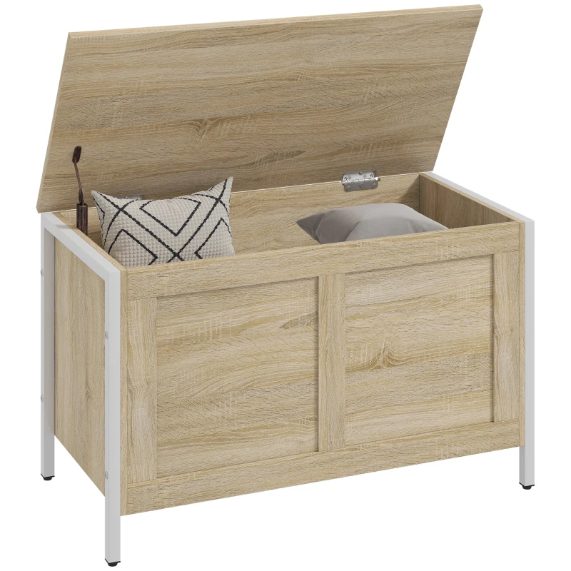 HOMCOM Coffre de Rangement pour Chambre 95 L avec Couvercle Banc de Rangement avec Charnière de Sécurité 80x40x50 cm Chêne
