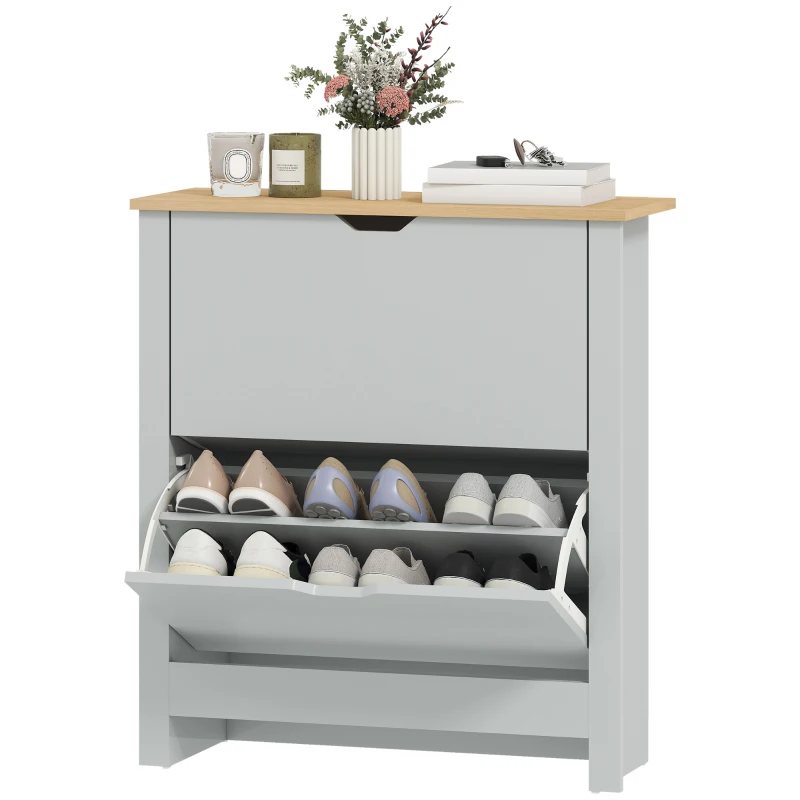 HOMCOM Slim Shoe Cabinet, Narrow Shoe Cupboard with 2 Flip Drawers, Adjustable Shelves for 12 Pairs of Shoes, Light Grey