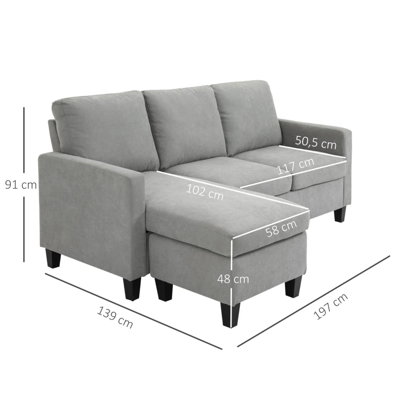 HOMCOM Ecksofa mit Schlaffunktion, 3-Sitzer-Sofa mit Bettkasten und Kissen, Eckcouch, L-Form Couch, Stoffbezug, Grau(m-3)