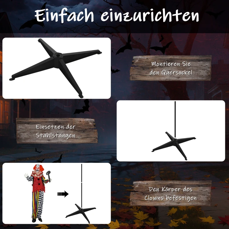 Outsunny Grusel-Clown, Halloween-Animatronik, 173 cm, leuchtende Augen, Geräusch-Aktivierung, bewegliche Arme und Kopf, Batteriebetrieb, Kunststoff, Metall, Rot(m-7)