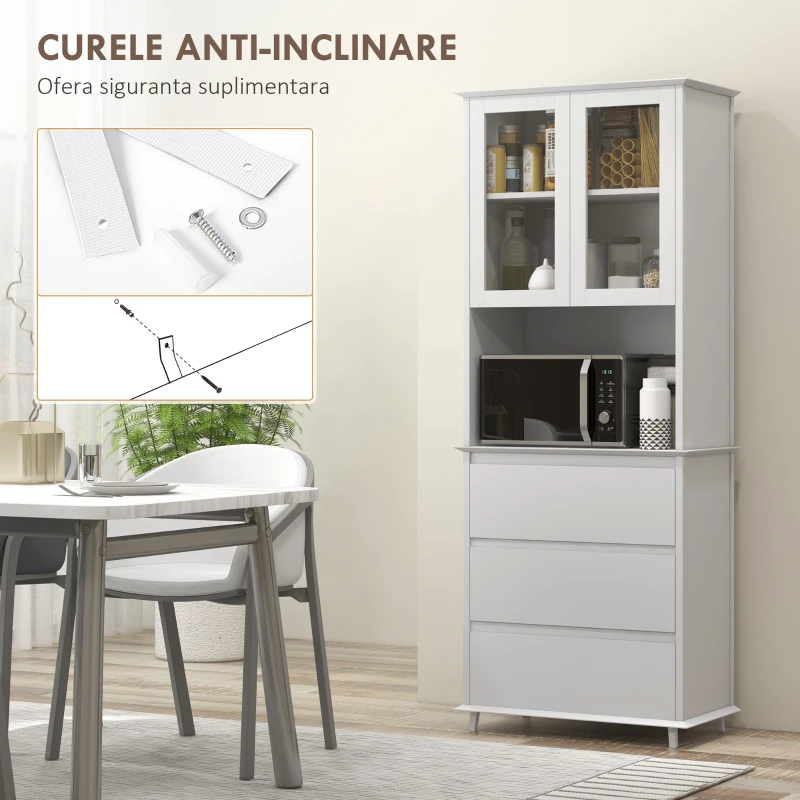 Homcom Bufet Mobilier Bucatarie cu Usi de Sticla si 3 Sertare 68x38x172 cm – Alb(m-7)