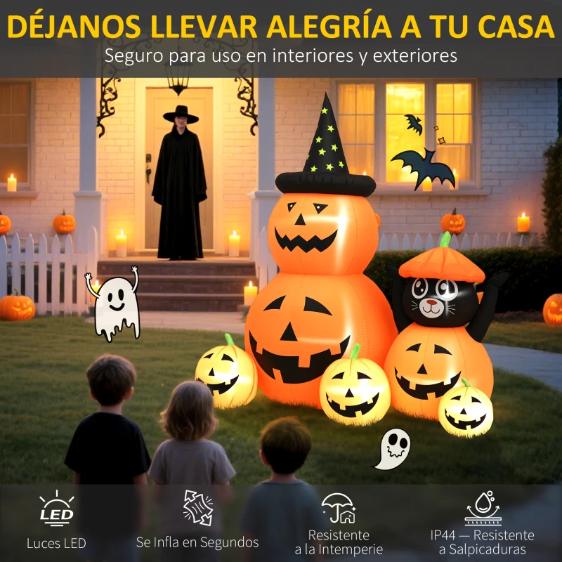 Outsunny Calabaza Inflable de Halloween con Gato de 6 Pies con Luces LED IP44 e Inflador para Fiestas 160x100x180 cm Naranja
