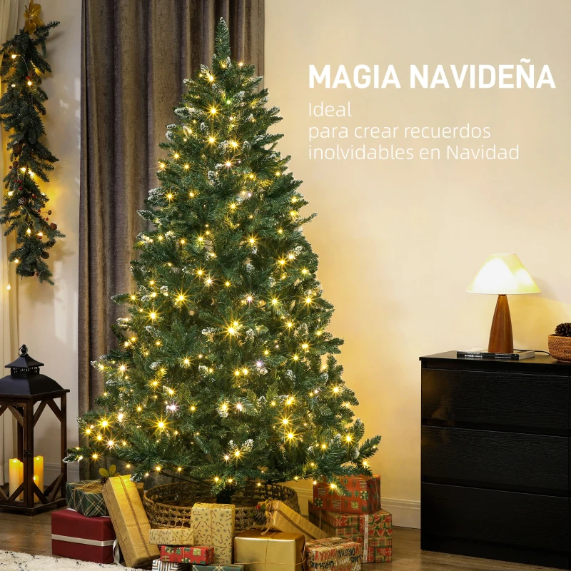 HOMCOM Árbol de Navidad de Abeto 210 cm con Luces LED 9 Modos de Iluminación 1160 Ramas con Nieve Artificial Verde
