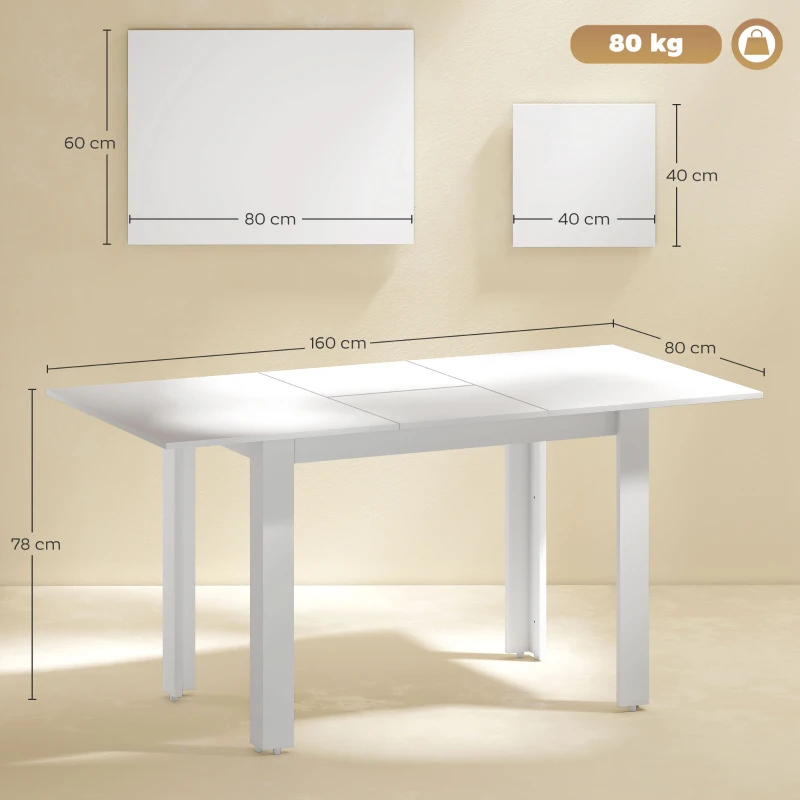 HOMCOM Mesa de Comedor Extensible, 120-160 x 70 cm, Mesa de Cocina Ajustable para 4-6 Personas, MDF, Blanco de Alto Brillo