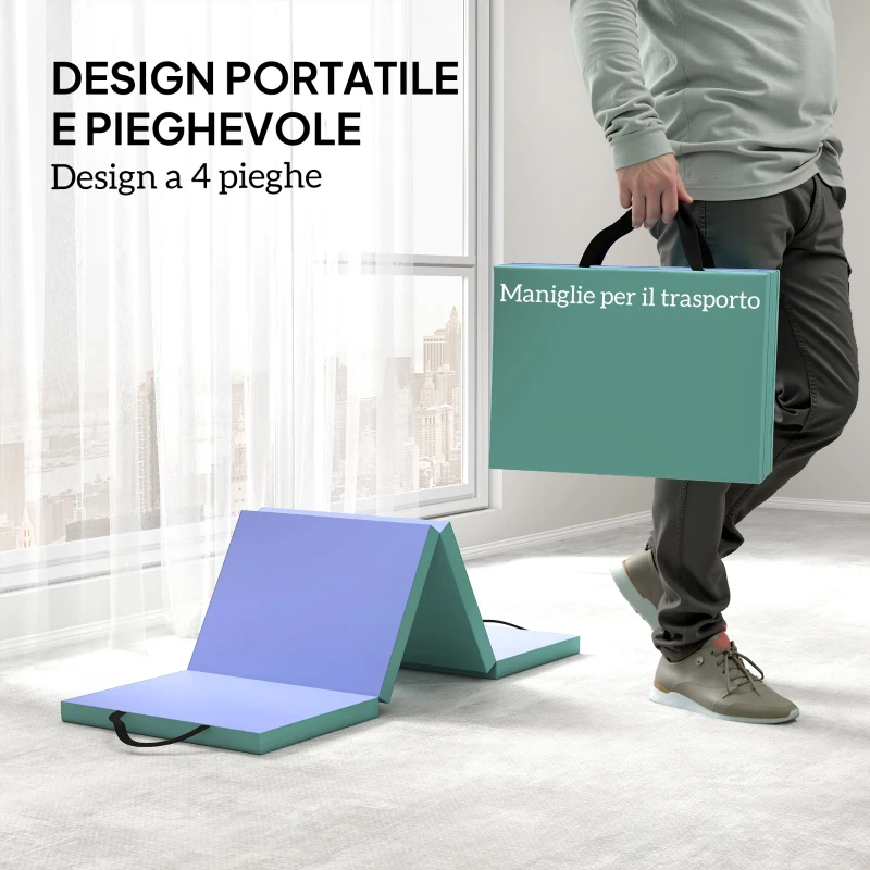 SPORTNOW Tappeto Fitness Pieghevole e Imbottito con 2 Maniglie, in Plastica ed EPE, 180x60x5 cm, Verde e Viola