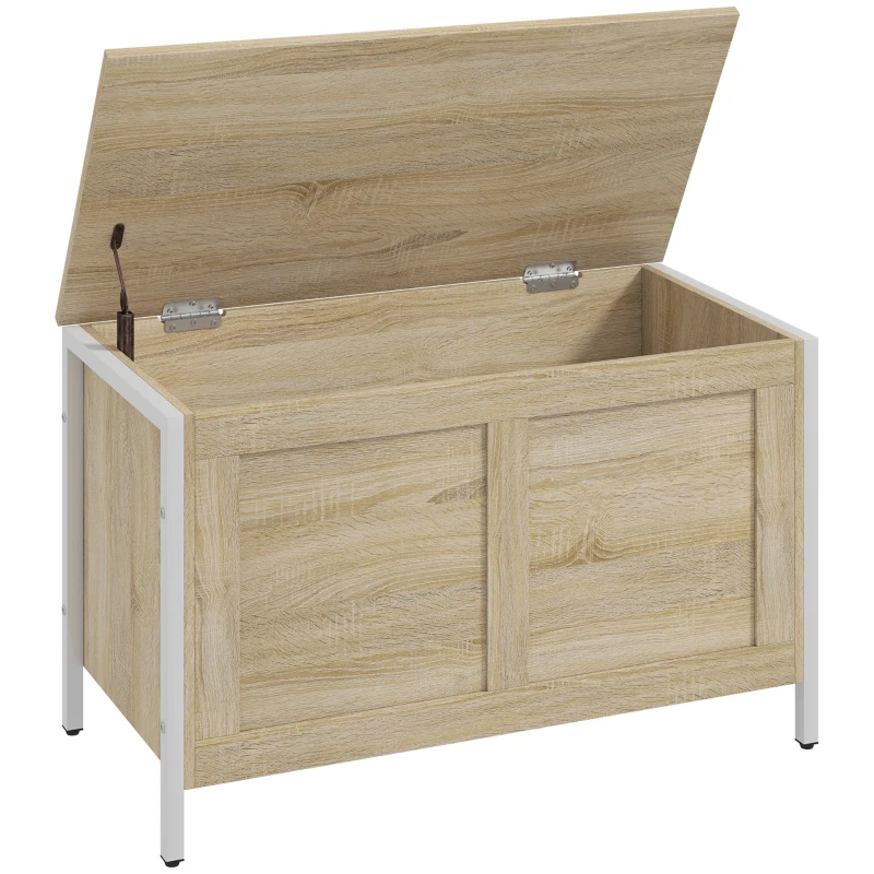 HOMCOM Coffre de Rangement pour Chambre 95 L avec Couvercle Banc de Rangement avec Charnière de Sécurité 80x40x50 cm Chêne