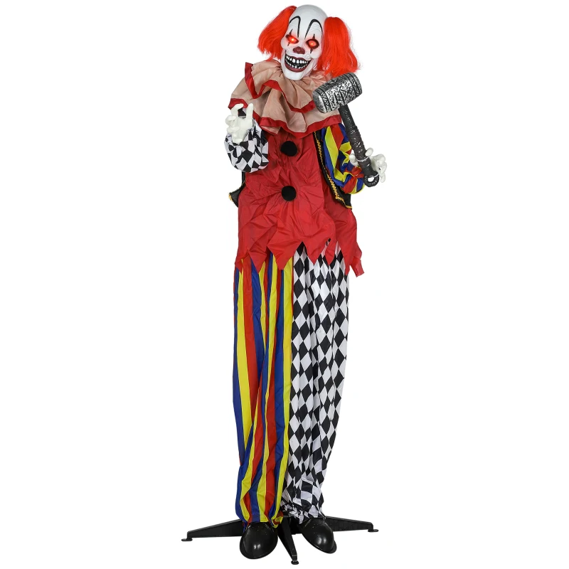 Outsunny Grusel-Clown, Halloween-Animatronik, 173 cm, leuchtende Augen, Geräusch-Aktivierung, bewegliche Arme und Kopf, Batteriebetrieb, Kunststoff, Metall, Rot(m-10)