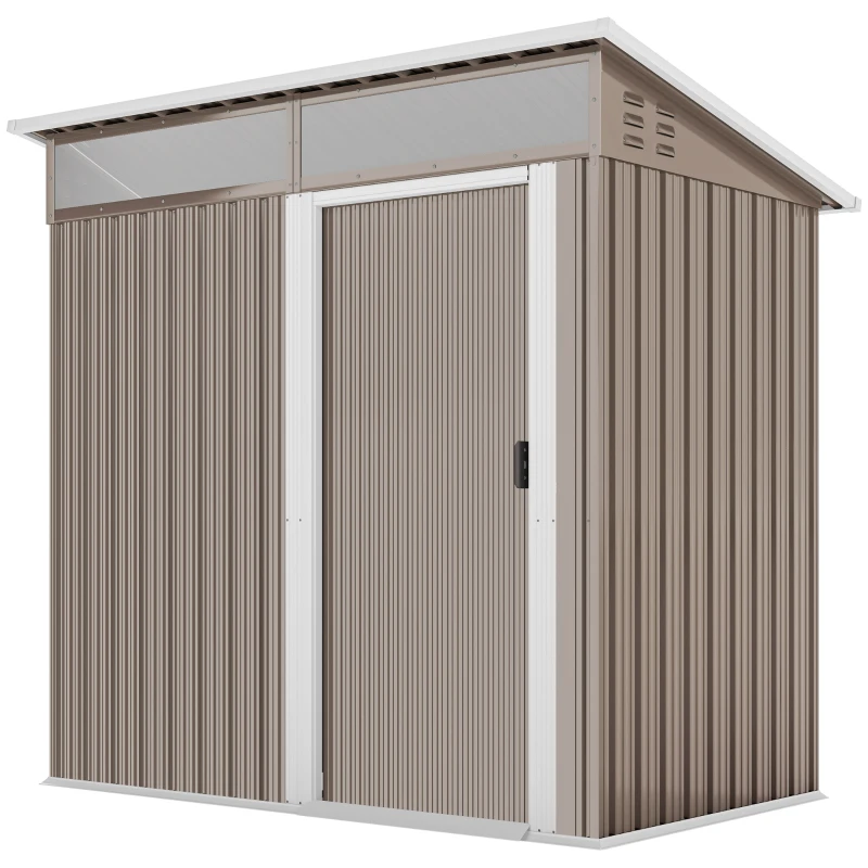 Outsunny Abrigo de Jardim 1,9m² 195x122x182 cm com Base Reforçada (Chão NÃO Incluído) Porta Corredera Janelas Abrigo de Ferramentas Marrom Claro