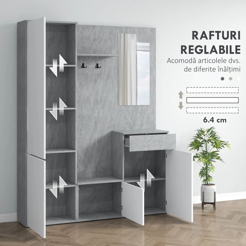 HOMCOM Mobilier 4 în 1 cu Oglindă, Cuiere și Rafturi Interioare Reglabile, Mobilier Multifuncțional, 145x29x184 cm, Gri(m-6)