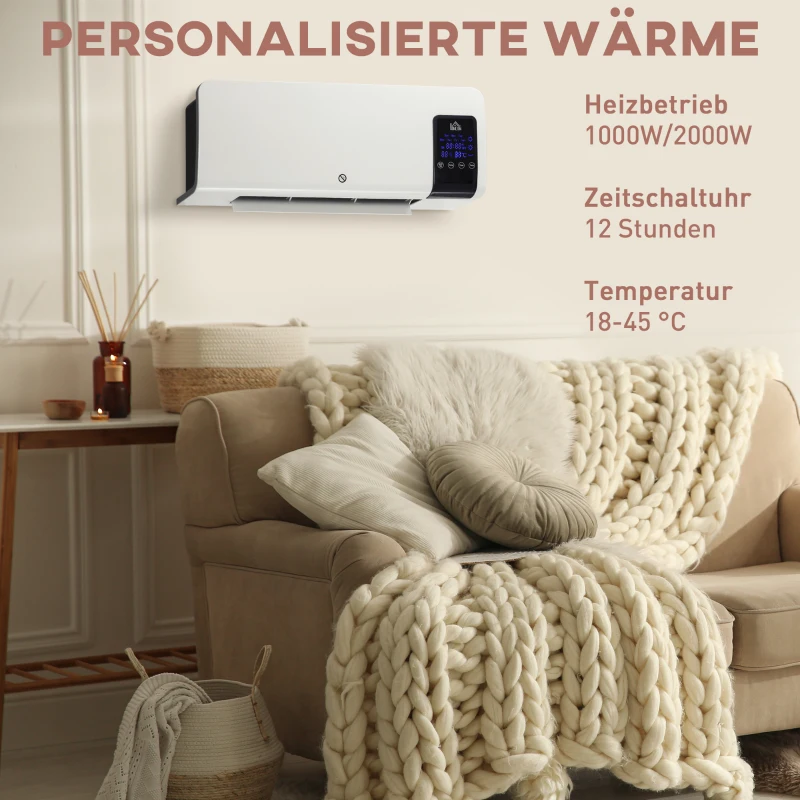 HOMCOM Elektro-Heizung, Wandmontage, Schwingfunktion, 2 Modi, Timer, LED-Anzeige, Weiß(m-4)