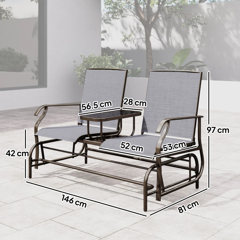 Outsunny 2 Seats Garden Glider Bench, Metal Frame Loveseat with Glass Top  Centre Table, Porch Rocking Glider for 2 Person, for Deck, Patio, Brown/ Grey
