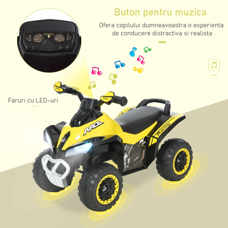 HOMCOM Mini ATV, Motocicletă pentru Copii 18-36 Luni cu Muzică Integrată și Ghidon Larg, 67,5x38x44 cm, Galben(m-4)