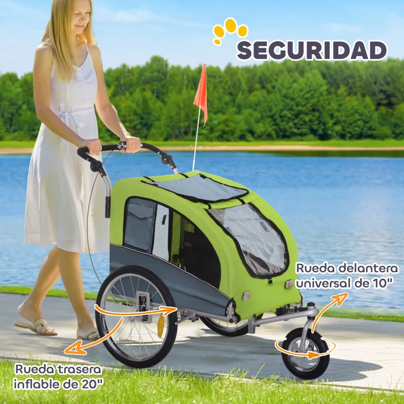 PawHut Remolque de Bicicleta para Perros 2 en 1 Carrito de Perros con Mango Ajustable Bandera y Reflectores 155x83x108 cm Verde