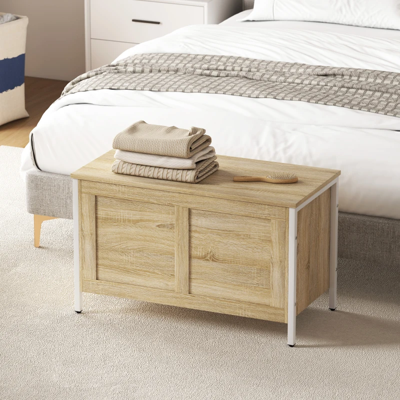 HOMCOM Baule Contenitore da 95 L con Coperchio e Cerniera di Sicurezza 80x40x50 cm Rovere