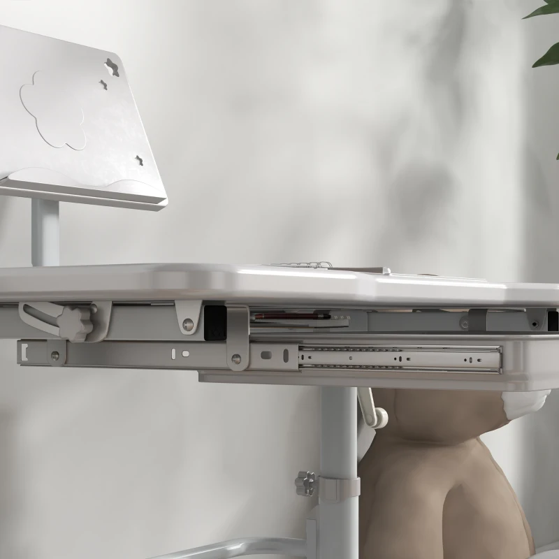 ZONEKIZ Pupitre Infantil Ajustable con 1 Cajón 1 Estante para Libros y Ángulo de Mesa Ajustable 80x49,5x82-104 cm Gris y Blanco