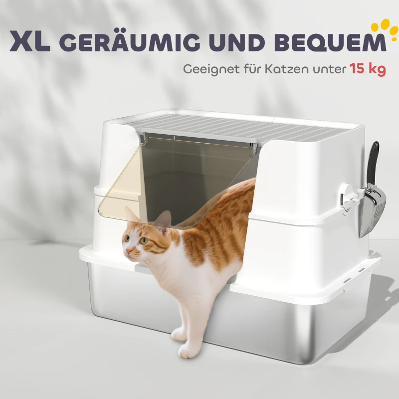 PawHut Kattenbak, RVS, XL-binnenruimte, met schep, Lichtgrijs(m-5)