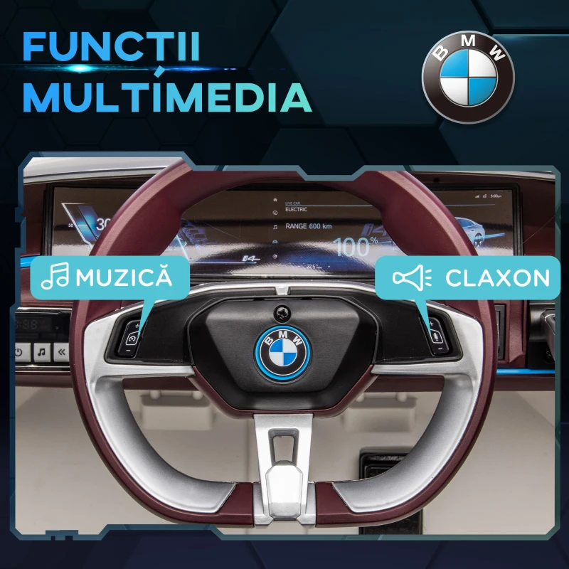 HOMCOM Masinuta Electrica pentru Copii BMW i4 cu Licenta de 12V cu Telecomanda, Masina Alimentata Electric cu Baterii Portabile, Muzica, Claxon, Faruri, Slot MP3, Roti cu Suspensii, pentru Varste intre 3-6 ani - Alb(m-6)