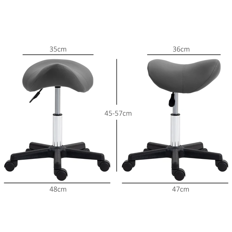 HOMCOM Taburete Rodante, asiento en forma de sillín, ajustable en altura, giratorio 360°, cuero sintético, gris, 48 x 47 x 45-57 cm