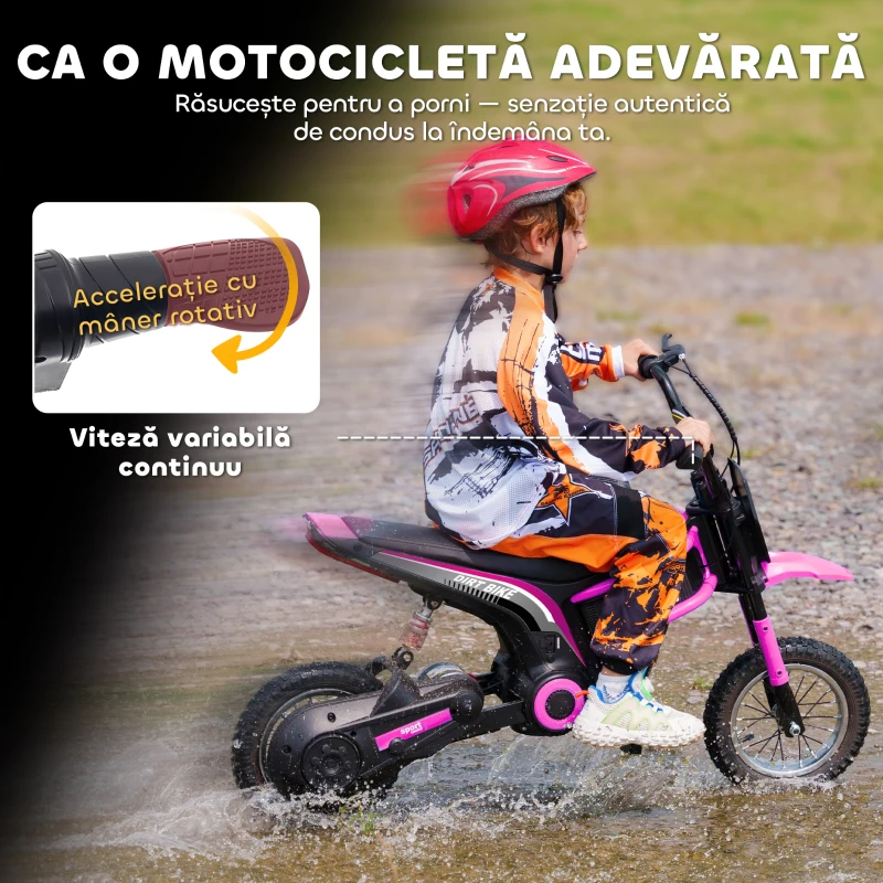 HOMCOM Motocicletă Electrică pentru Copii de 8-12 Ani cu Accelerație Manuală, și 2 Viteze, 119x64x76,5 cm, Roz