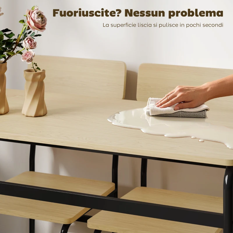 HOMCOM Set da Pranzo 5 Pezzi con Tavolo Rettangolare e 4 Sedie da Pranzo, in Legno e Metallo, Nero e color Legno