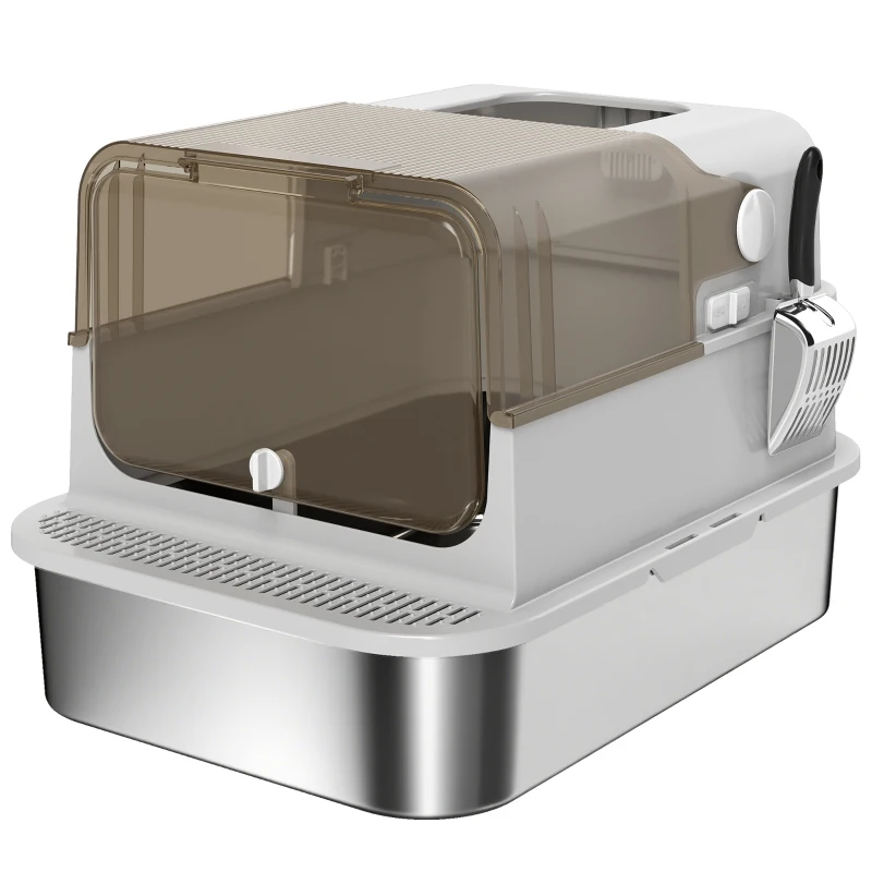 PawHut Lettiera per Gatti Chiusa XXL in Acciaio Inox, Coperchio Apribile a 90° e Doppie Porte, 70x50x46.5 cm, Grigio