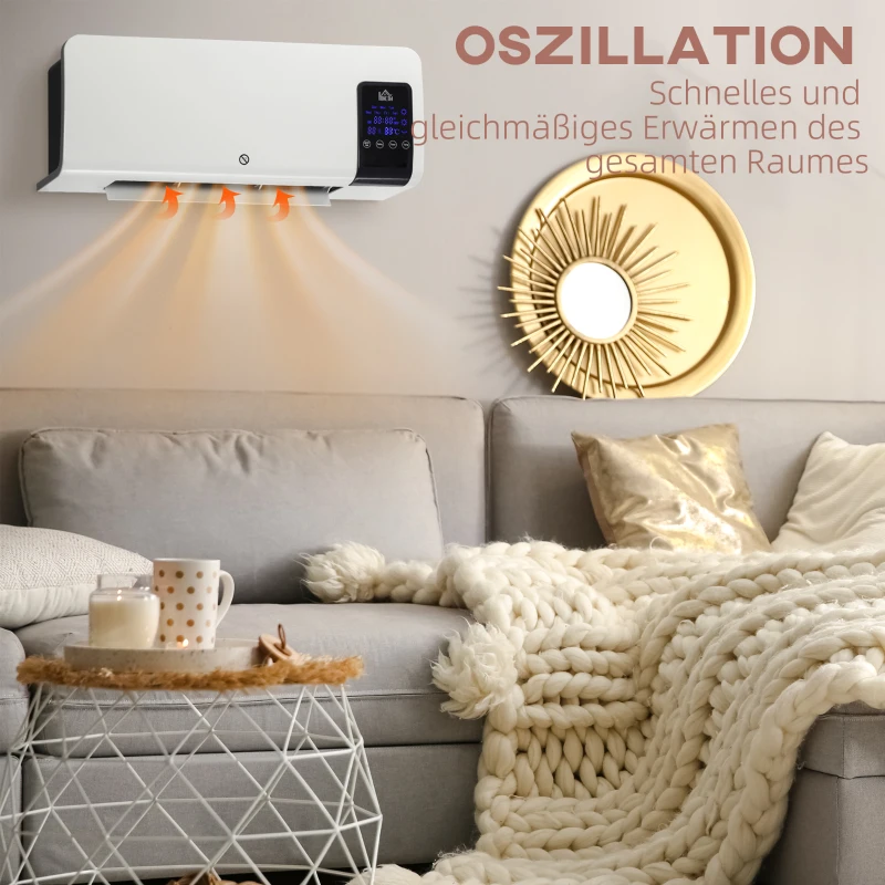 HOMCOM Elektrische Heater, Wandmontage, Oscillatiefunctie, 2 standen, Timer, LED-display, Wit
