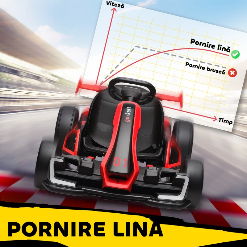 HOMCOM Go-Kart Electric pentru Copii cu Scaun Reglabil, 2 Motoare, Claxon, Lumini și Muzică, 120x76x53.5 cm, Roșu(m-8)