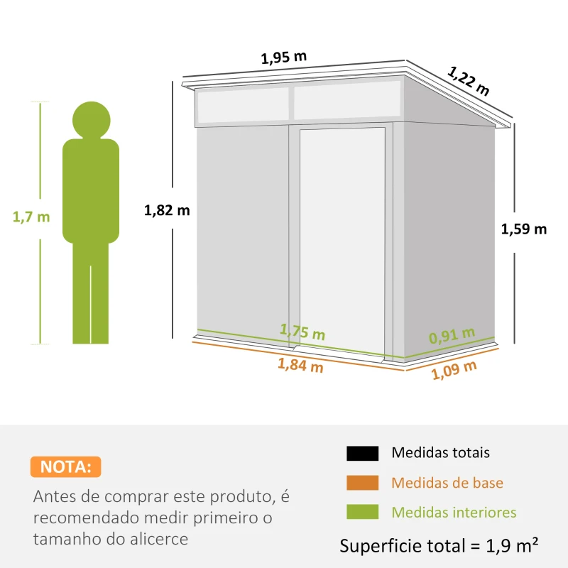 Outsunny Abrigo de Jardim 1,9m² 195x122x182 cm com Base Reforçada (Chão NÃO Incluído) Porta Corredera Janelas Abrigo de Ferramentas Marrom Claro