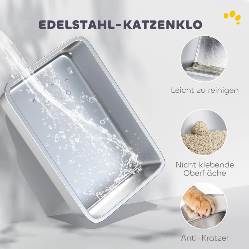 PawHut Kattenbak, RVS, XL-binnenruimte, met schep, Lichtgrijs(m-4)