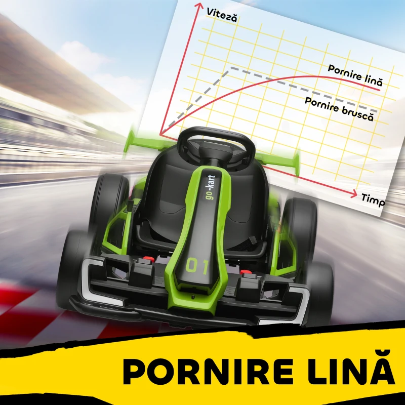HOMCOM Go Kart Electric pentru Copii cu Scaun Reglabil, 2 Motoare, Claxon, Lumini și Muzică, 120x76x53,5 cm, Verde(m-8)