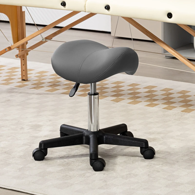 HOMCOM Taburete Rodante, asiento en forma de sillín, ajustable en altura, giratorio 360°, cuero sintético, gris, 48 x 47 x 45-57 cm