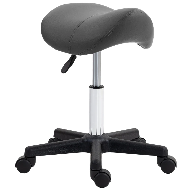 HOMCOM Tabouret roulant, assise en forme de selle, réglable en hauteur, pivotant à 360°, similicuir, gris, 48 x 47 x 45-57 cm