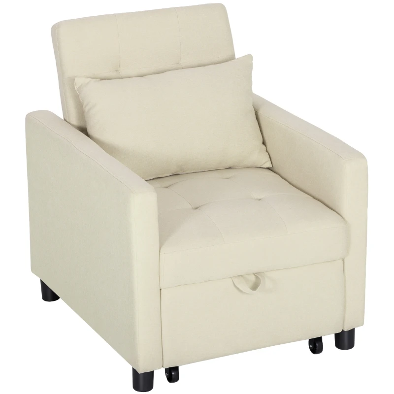 HOMCOM Sofá Cama Individual Poltrona com 4 Rodas Encosto Reclinável Almofada Extra e Assento Acolchoado 69x82,5x84 cm Bege