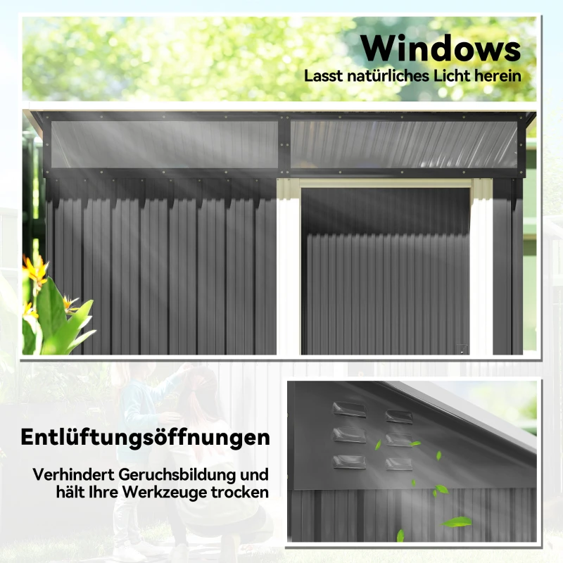 Outsunny Gartenschuppen, Geräteschuppen mit Fenstern, Lüftungsöffnungen, Schiebetür, wasserdichter Stahl, wetterfest, Dunkelgrau(m-6)