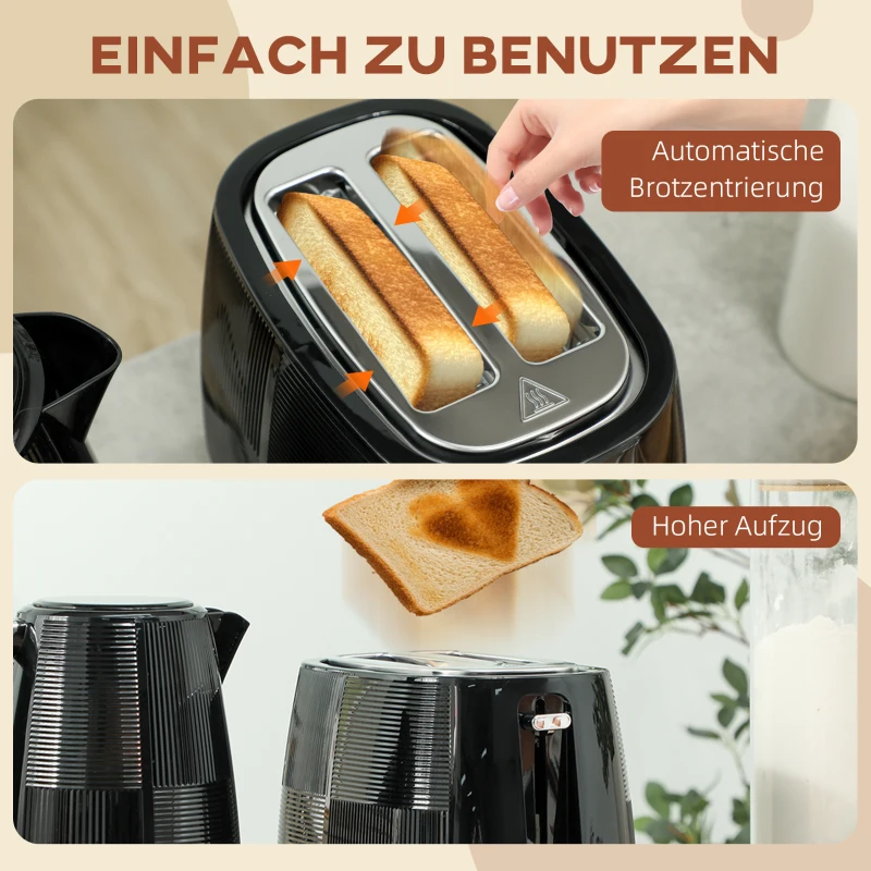 HOMCOM Wasserkocher- und Toaster-Set, 1,7 L, verschiedene Funktionen, Edelstahl, Schwarz
