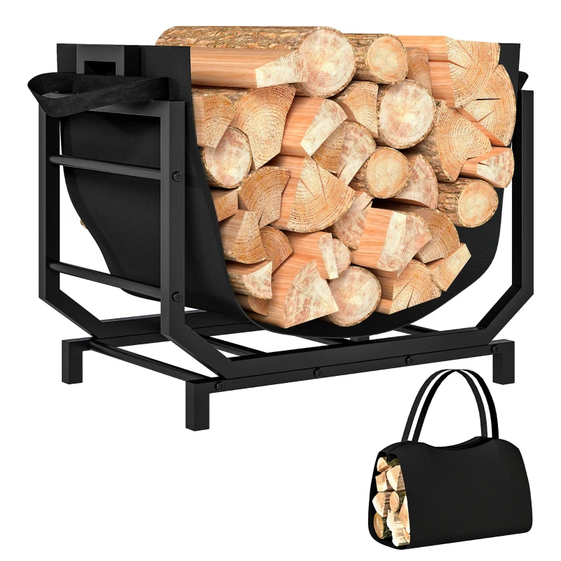 Outsunny Porta Leña en Metal con Bolsa de Transporte Removible en Tela Oxford, 53x33x43 cm, Negro