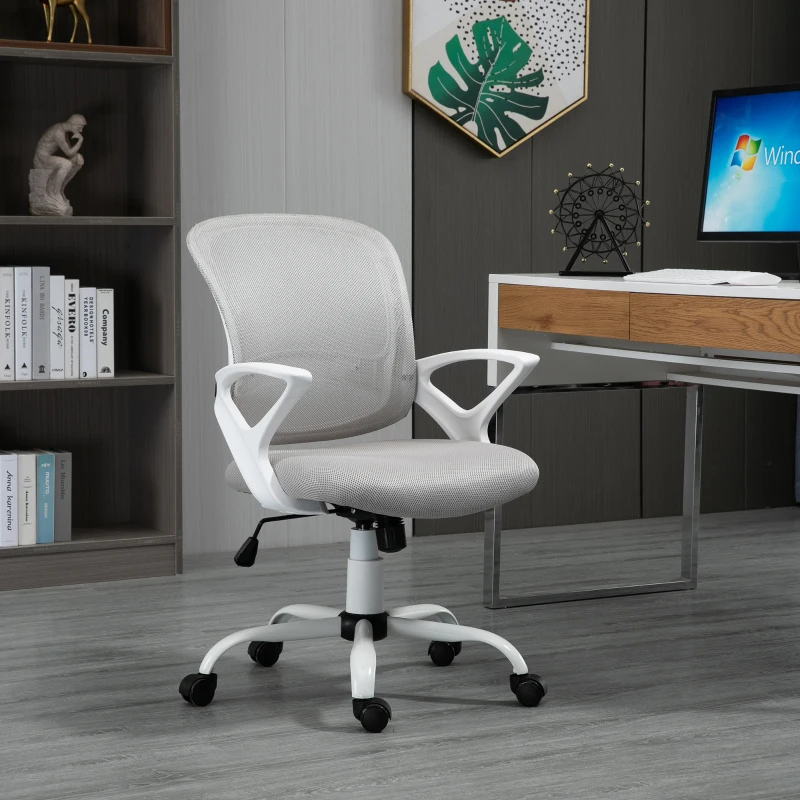 Vinsetto Cadeira de Oficina Ergonômica Basculante com Altura Ajustável Assento Giratório 360° Suporte Lombar e Malha Transpirável 61x61x89-99cm Cinza e Branco