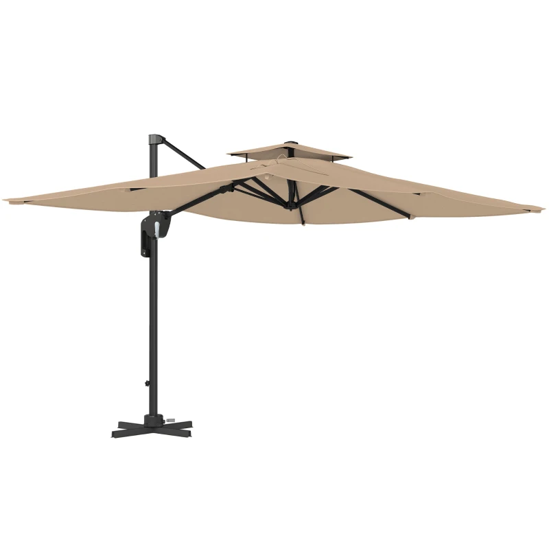 Outsunny 3.7 x 2.7 m Cantilever Parasol w/360° Rotation and Easy Tilt Adjustment, Aluminium Hanging Offset Outdoor Umbrella w/Double Top, Cross Base, UPF50+ Hanging Sun Shade, Black Pole