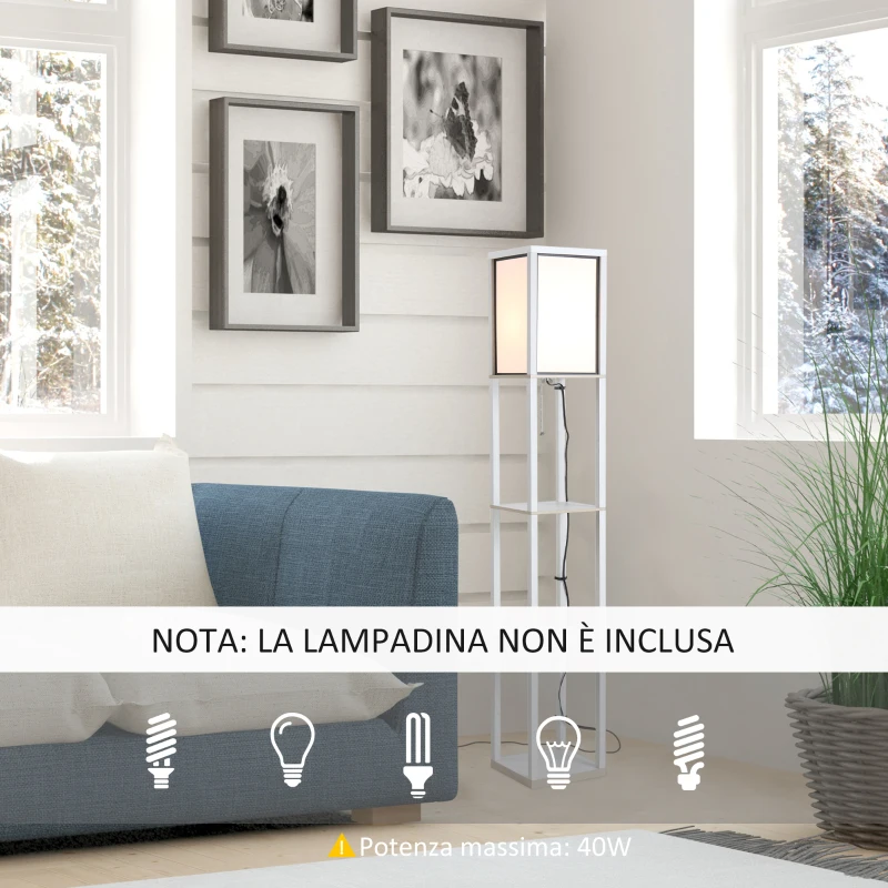 HOMCOM Lampada da Terra 40W con 3 Mensole e Interruttore a Pedale, in Legno e PS, 26x26x160 cm, Bianco