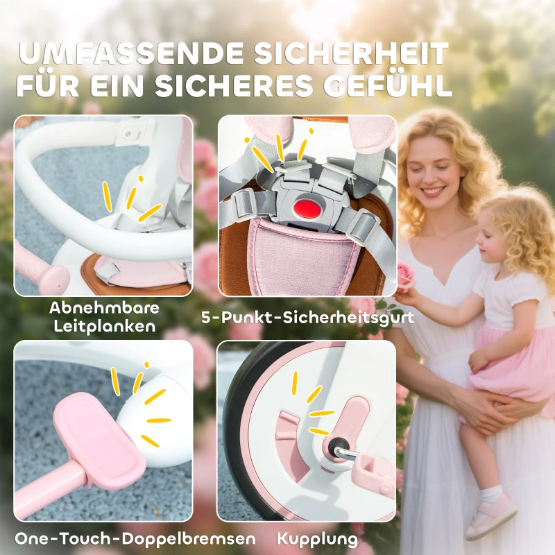 AIYAPLAY Kinder-Dreirad, wandelbarer Baby-Buggy, 5-in-1 Design, abnehmbarer Schiebegriff, verstellbar, Sicherheitsgurt, Aufbewahrungstasche, 1-3 Jahre, Rosa