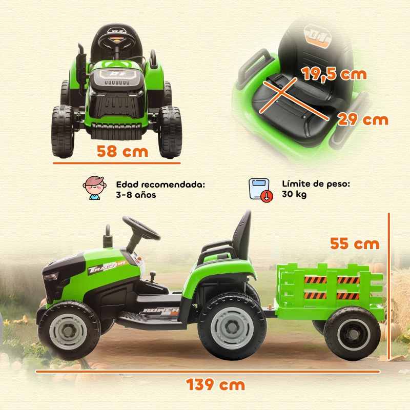 AIYAPLAY Tractor Eléctrico para Niños con Remolque Desmontable Batería 12V Velocidad 3-5 km/h, Control Remoto 2,4G Verde