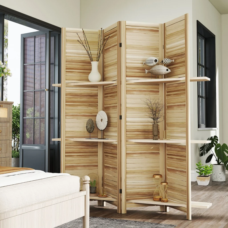 HOMCOM Paravent intérieur en bois 4 panneaux 160 x 170 cm, séparateur de pièce pliable avec 3 étagères, bois naturel