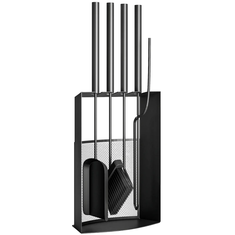 Outsunny Set de Herramientas para Chimenea de 5 Piezas Kaminzubehör con Escoba, Pala, Atizador, Pinzas y Soporte de Metal, Negro