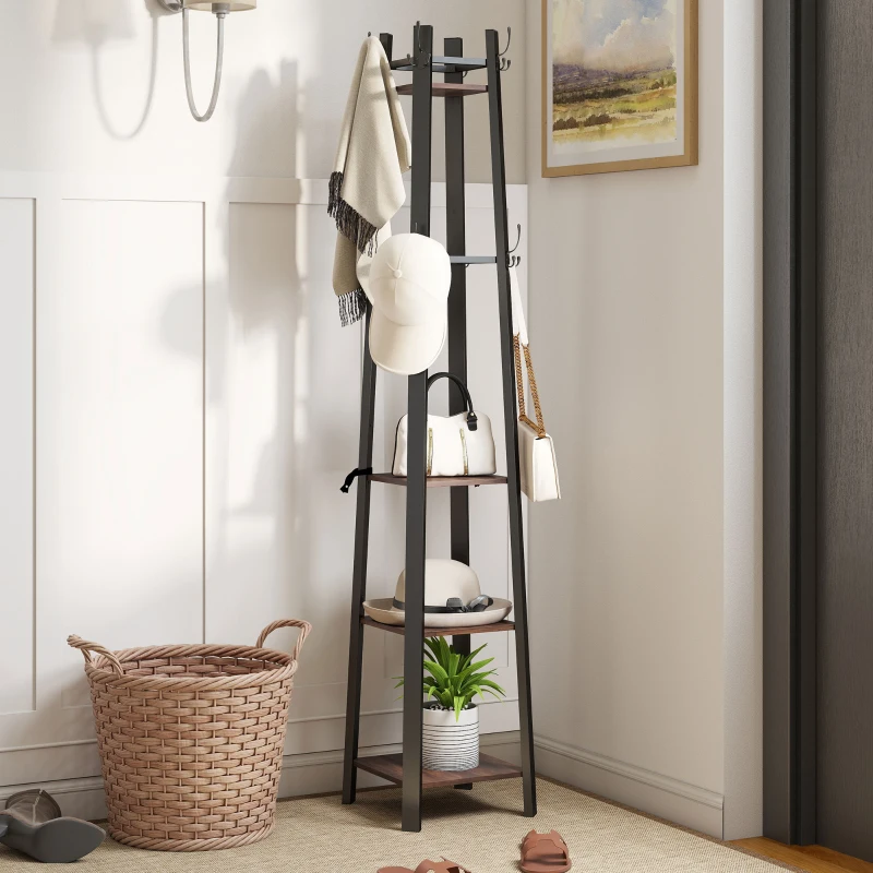 HOMCOM Garderobenstandaard met 4 niveaus, vrijstaande kledingstandaard, 8 haken, 4 planken, Industrie-stijl, Metaal, Spaanplaat, Bruin